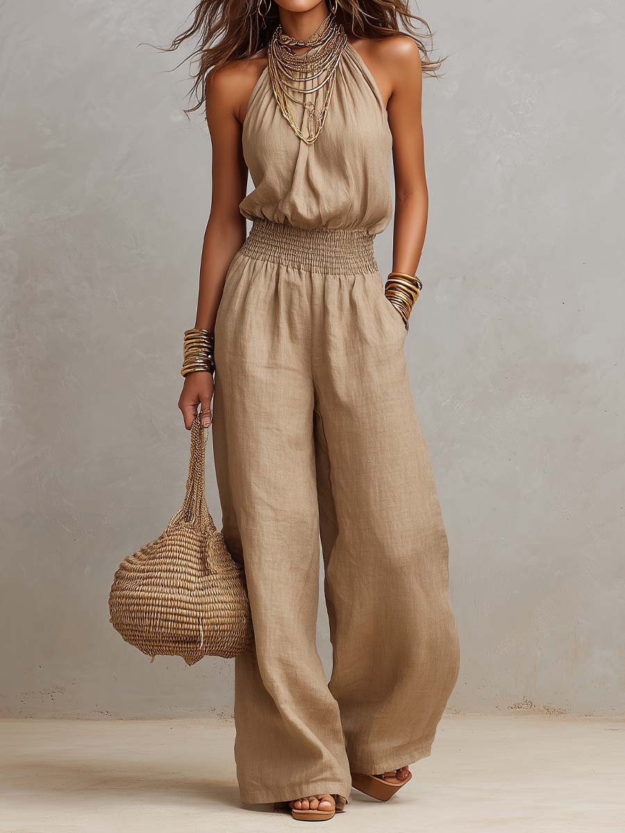 Ainhoa | Mono con cuello halter, cintura fruncida y pierna ancha