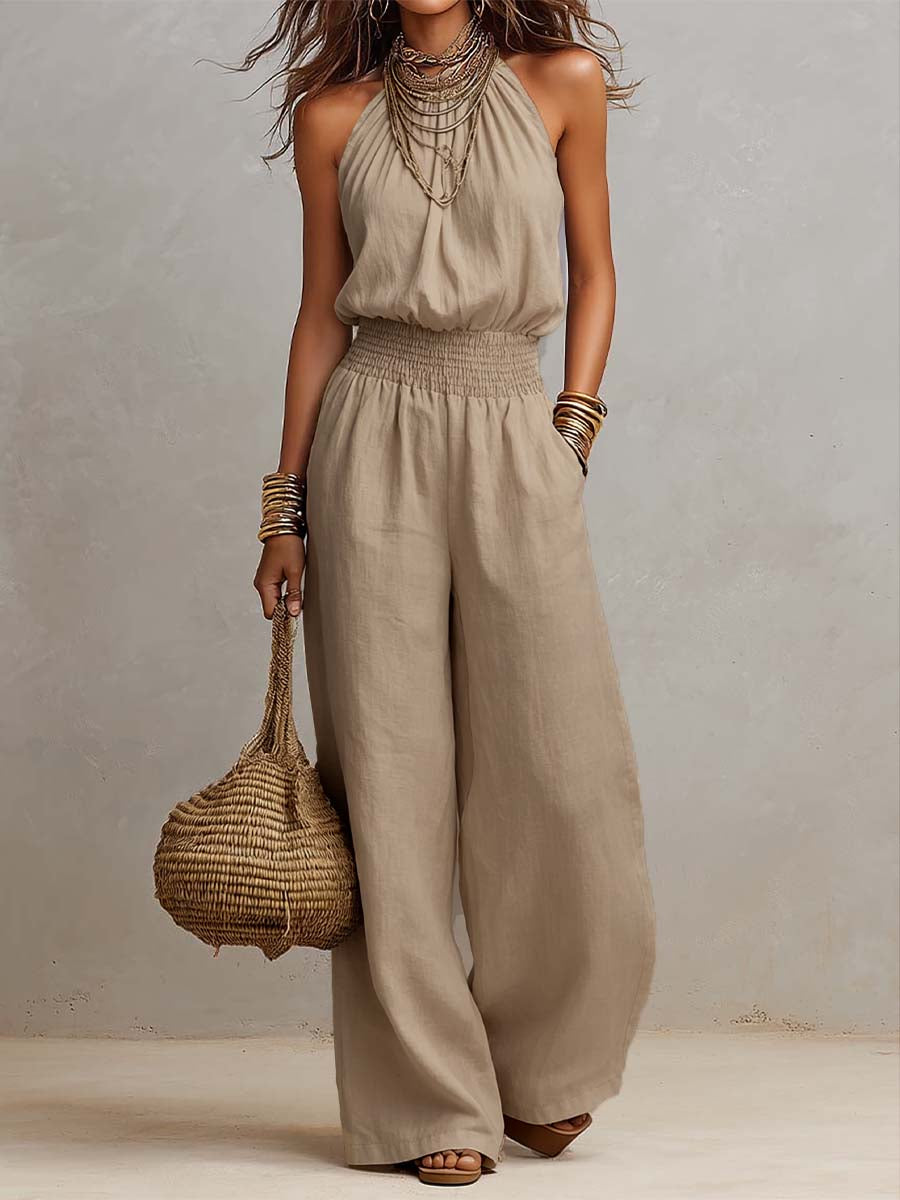 Ainhoa | Mono con cuello halter, cintura fruncida y pierna ancha