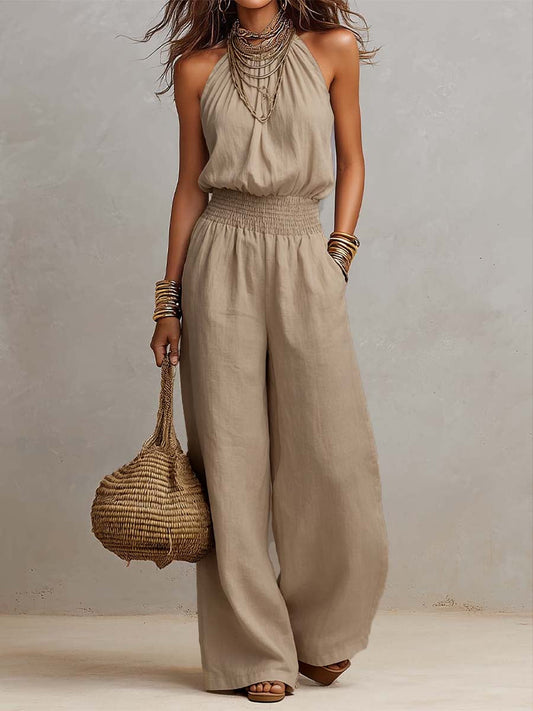 Ainhoa | Mono con cuello halter, cintura fruncida y pierna ancha