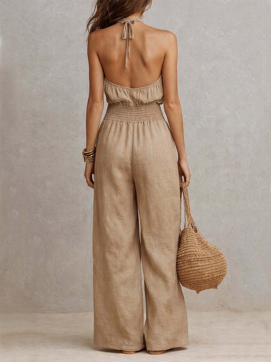Ainhoa | Mono con cuello halter, cintura fruncida y pierna ancha