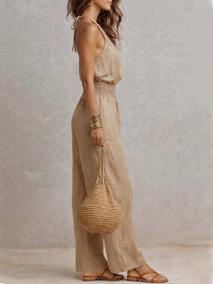Ainhoa | Mono con cuello halter, cintura fruncida y pierna ancha