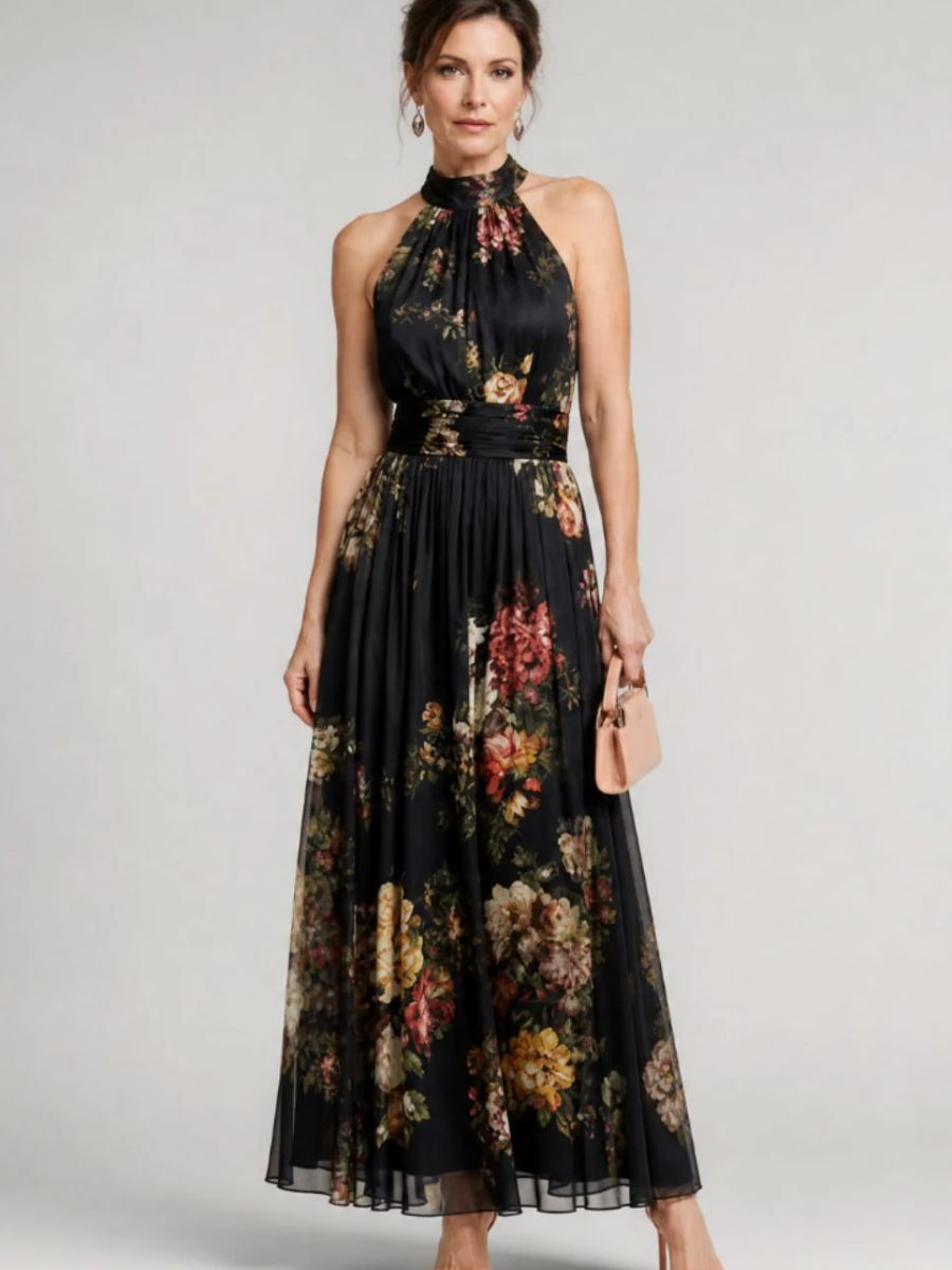 Valentina | Vestido midi con estampado floral y cuello halter