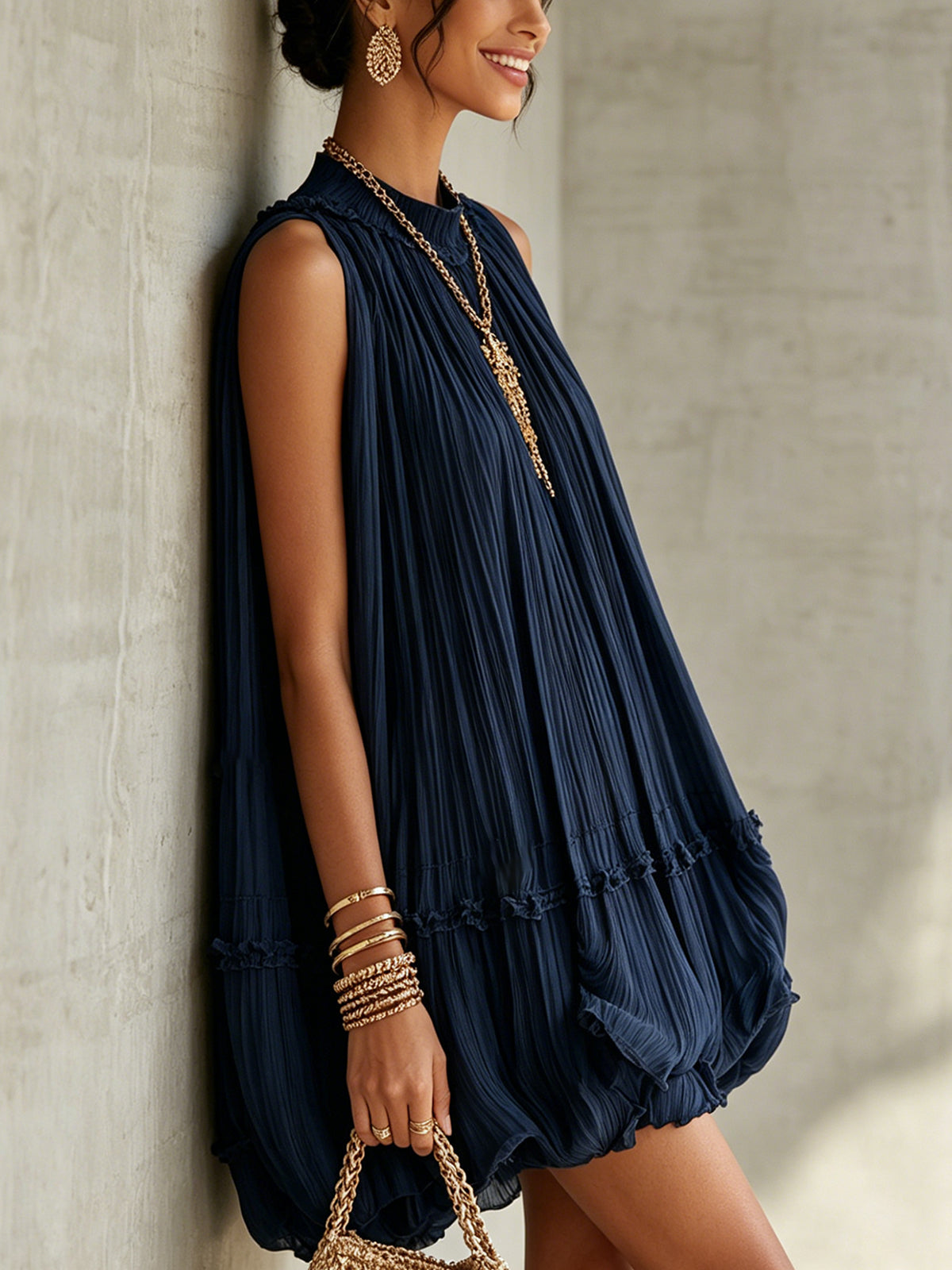 Camila - Vestido mini con cuello halter, volantes y falda de efecto globo