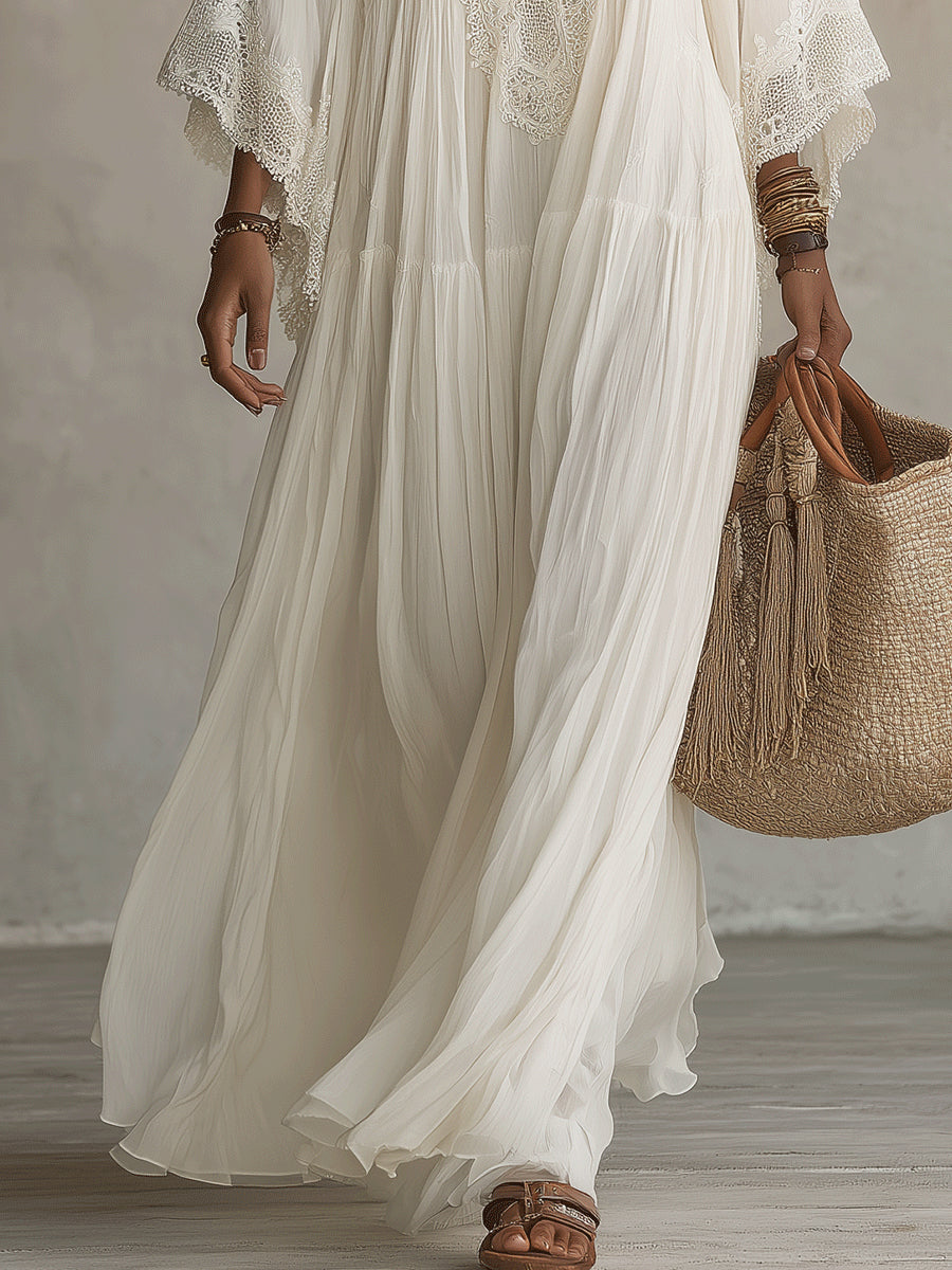 Saray | Vestido largo de gasa color marfil con mangas de murciélago y encaje blanco