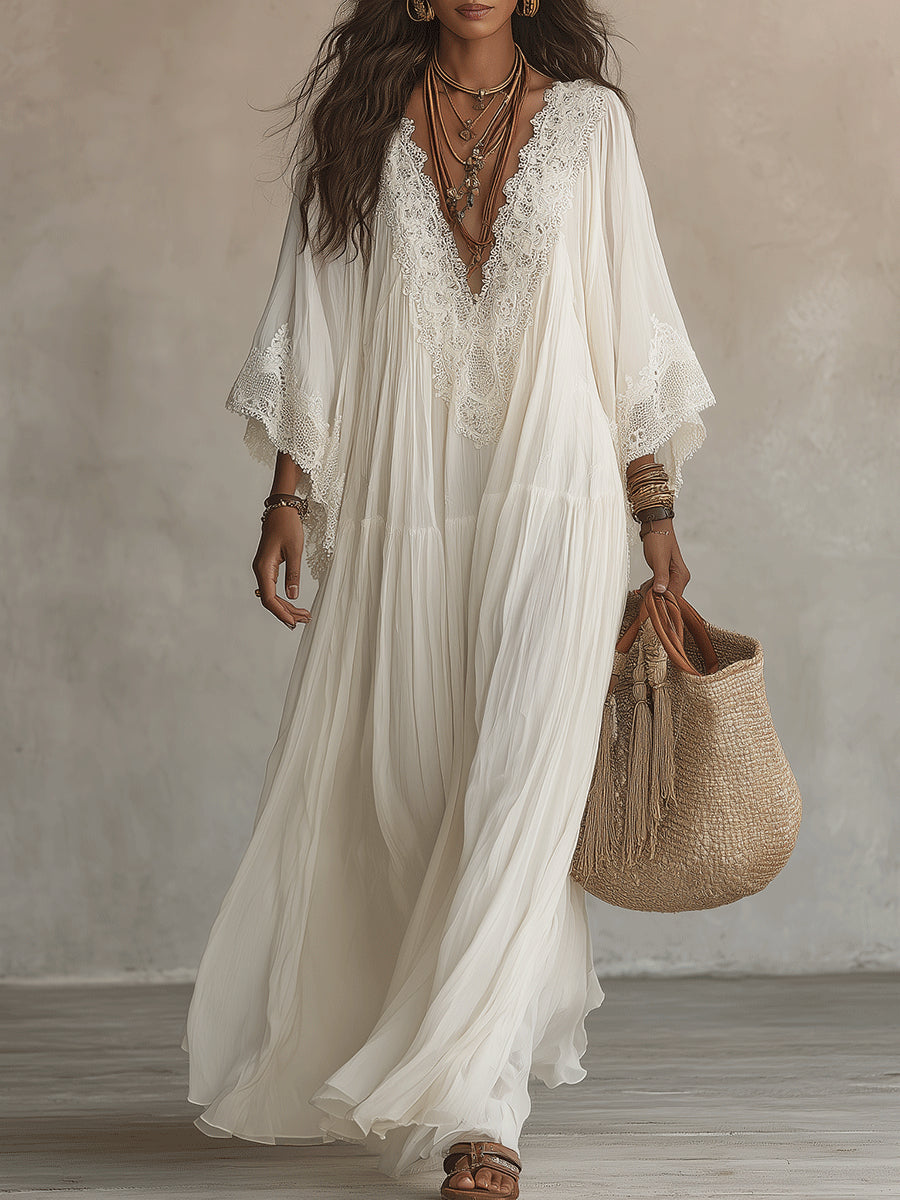 Saray | Vestido largo de gasa color marfil con mangas de murciélago y encaje blanco