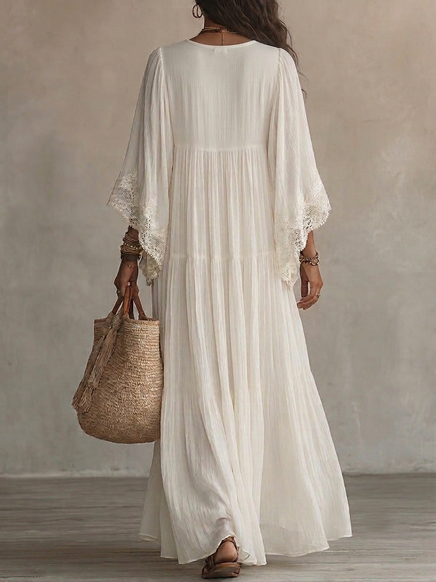 Saray | Vestido largo de gasa color marfil con mangas de murciélago y encaje blanco