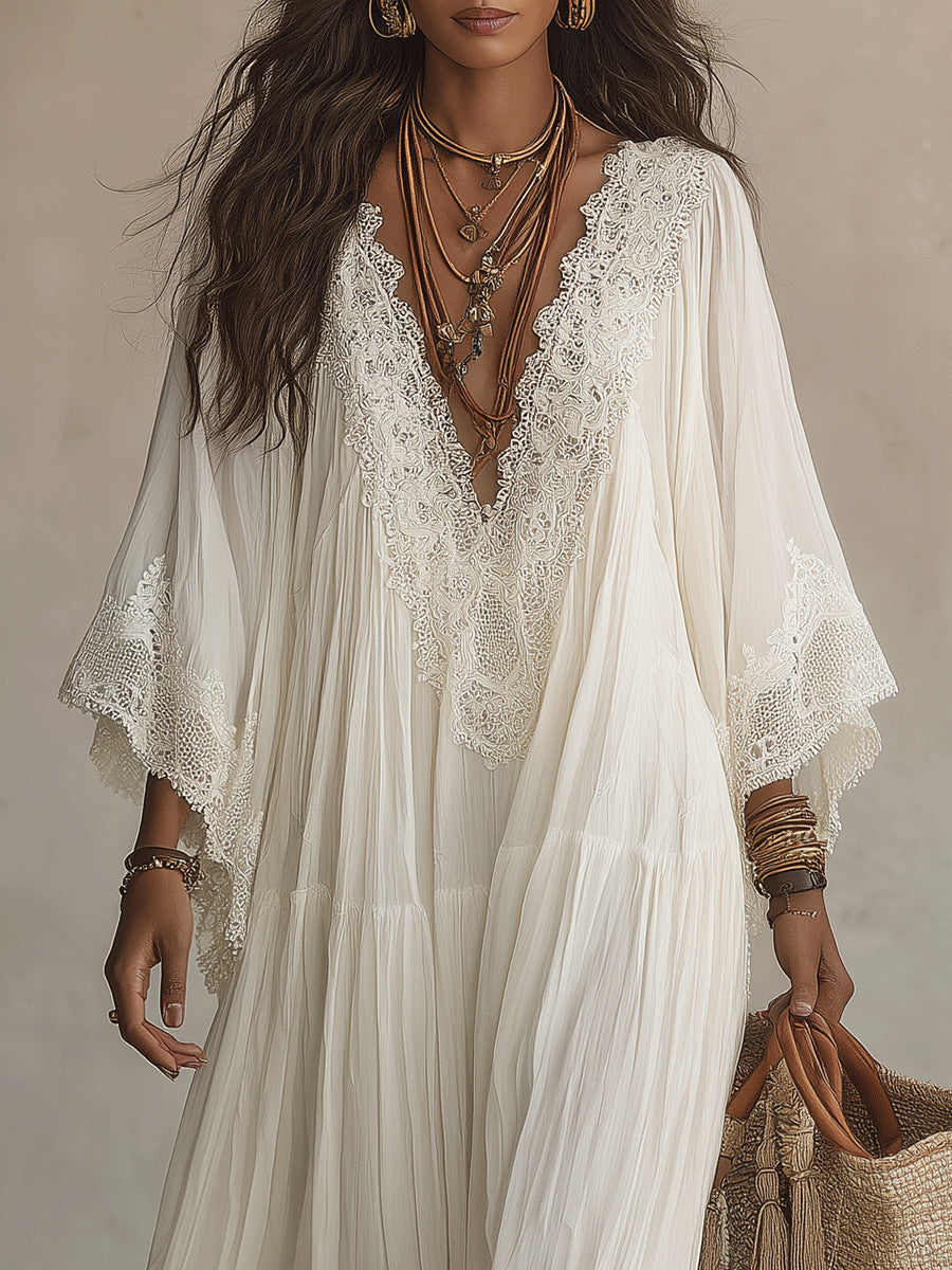 Saray | Vestido largo de gasa color marfil con mangas de murciélago y encaje blanco