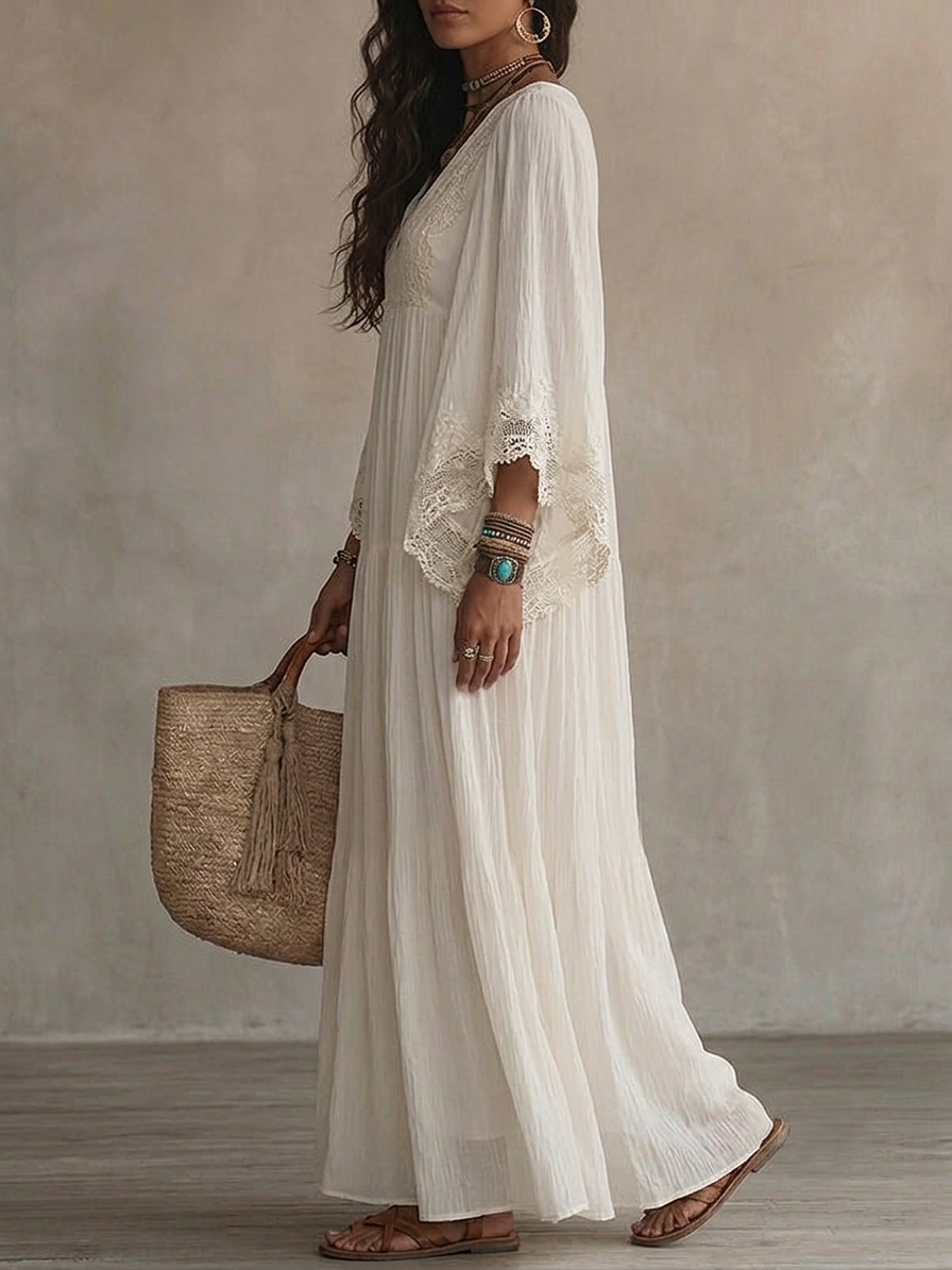 Saray | Vestido largo de gasa color marfil con mangas de murciélago y encaje blanco