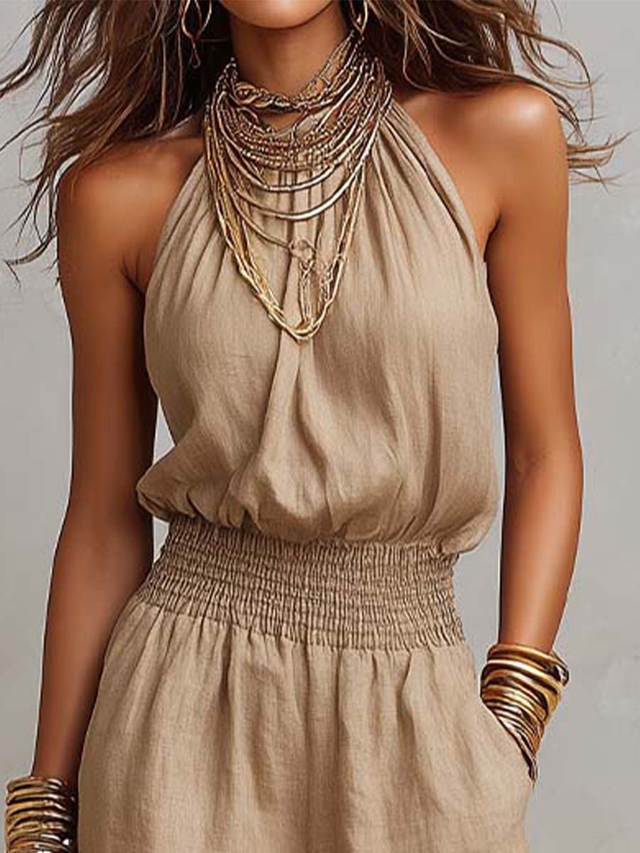 Ainhoa | Mono con cuello halter, cintura fruncida y pierna ancha